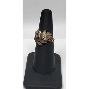 Vintage Style Rhinestone Leaf Ring Gold Tone Adjustable
